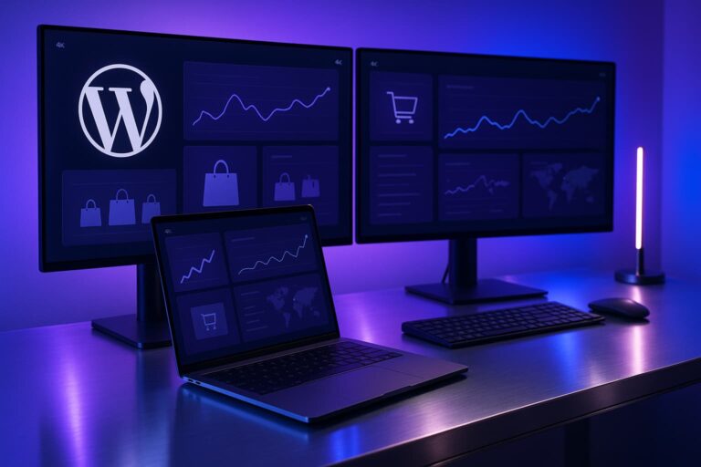 poste de travail high-tech illustrant l’automatisation WooCommerce des ventes et emails