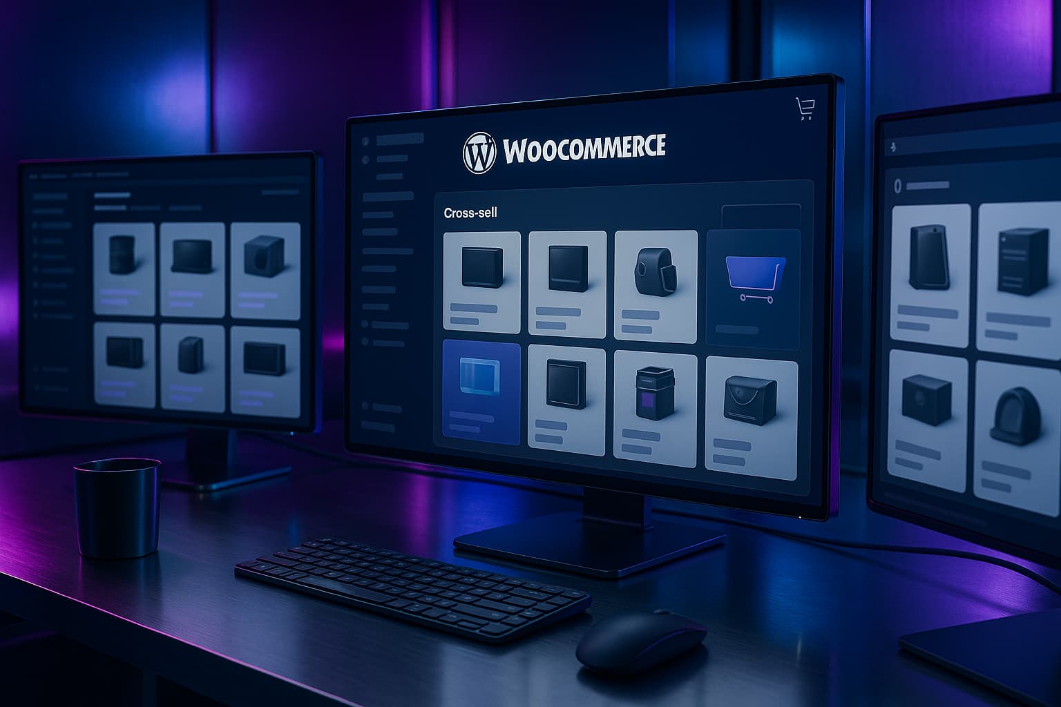 Interface WooCommerce avec recommandations de cross sell et upsell dans le panier ambiance high-tech violet et bleu