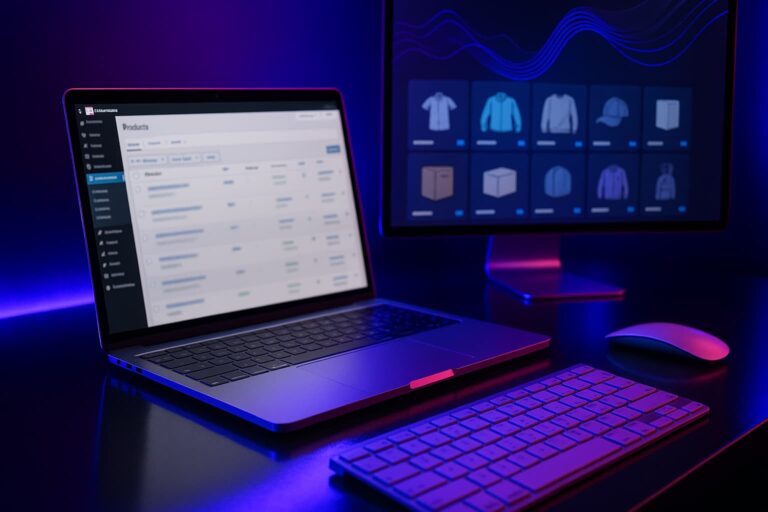 Gestion produits WooCommerce avec IA sur poste de travail e-commerce Shop42