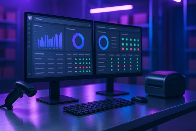 Tableau de bord gestion stock WooCommerce automatisé par IA dans un bureau high tech