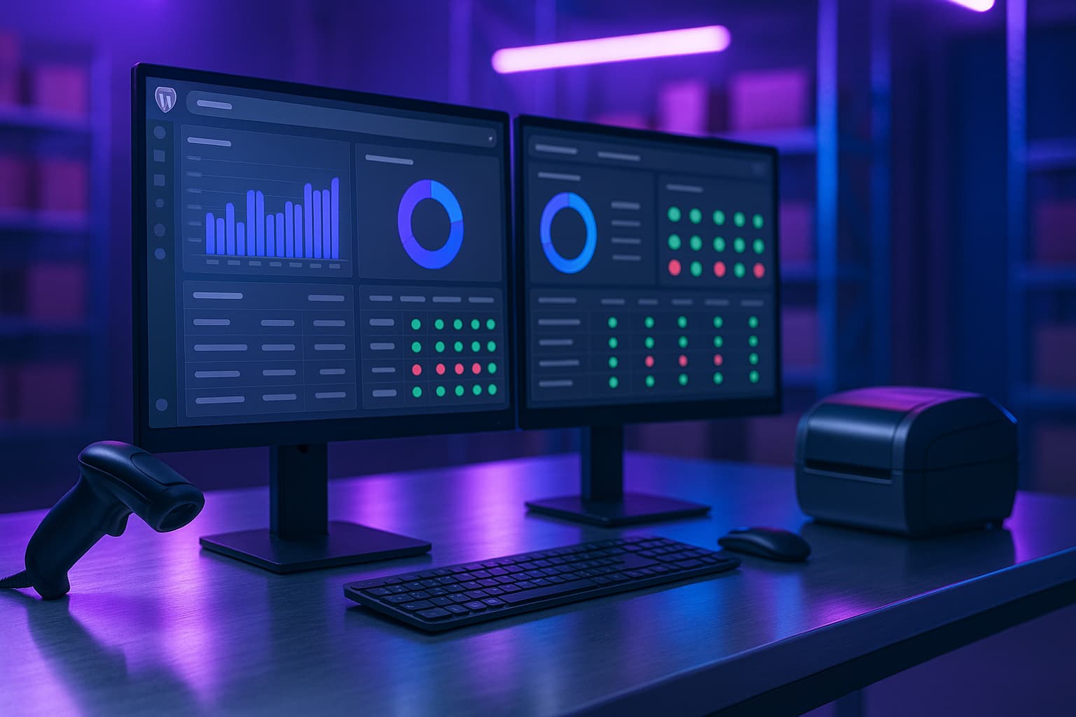 Tableau de bord gestion stock WooCommerce automatisé par IA dans un bureau high tech
