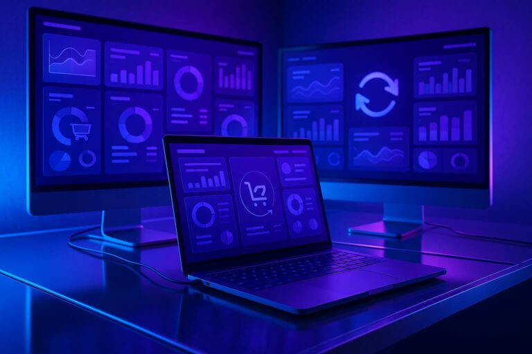 Intégration CRM WooCommerce avec synchronisation des données sur poste high‑tech violet et bleu