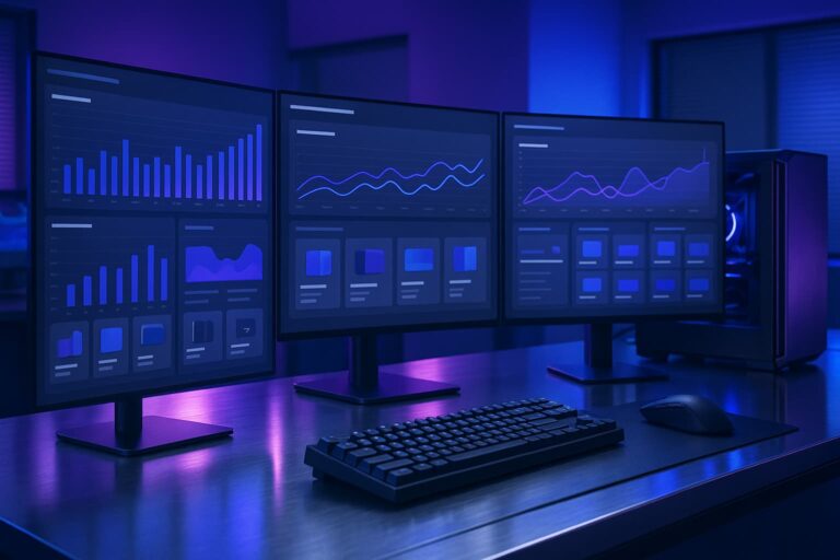 Poste de travail high‑tech illustrant une marketplace WooCommerce multi‑vendeurs, tons violet et bleu