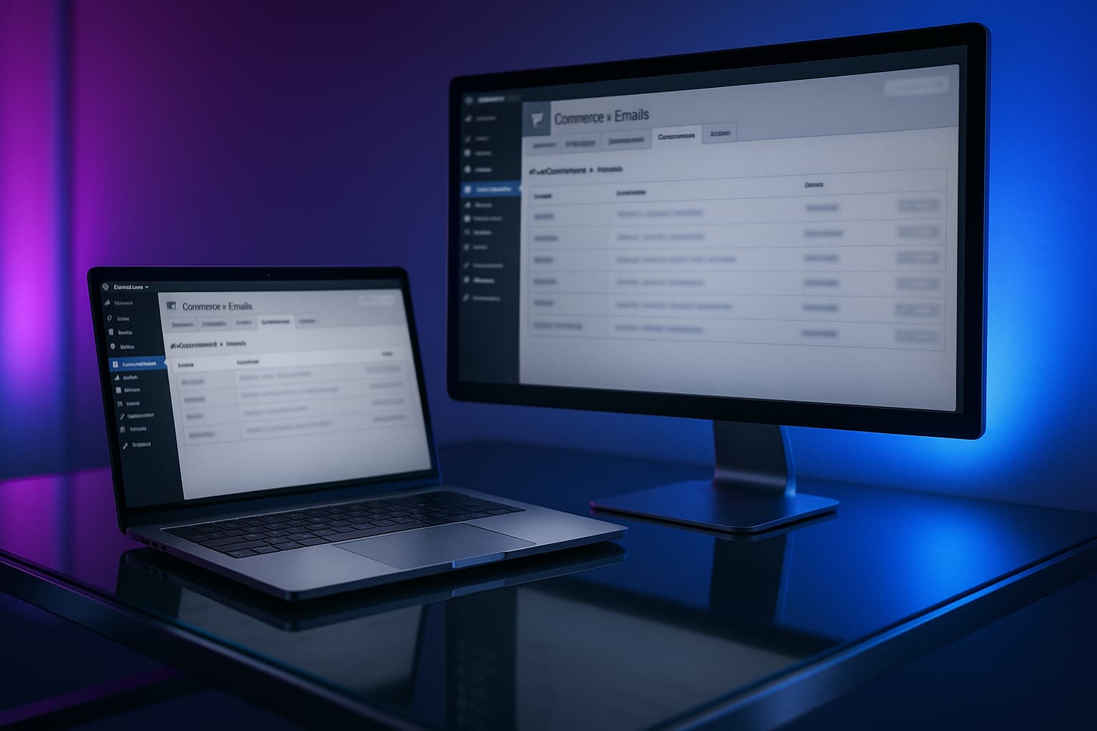 Configuration des notifications de commande WooCommerce dans WordPress en ambiance high-tech violet et bleu