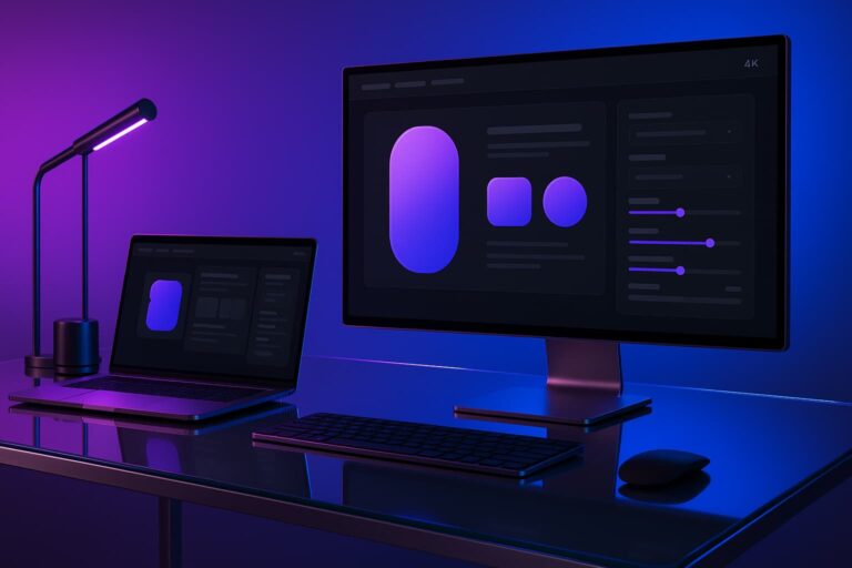 Configurateur de produits personnalisables WooCommerce sur poste high-tech violet et bleu