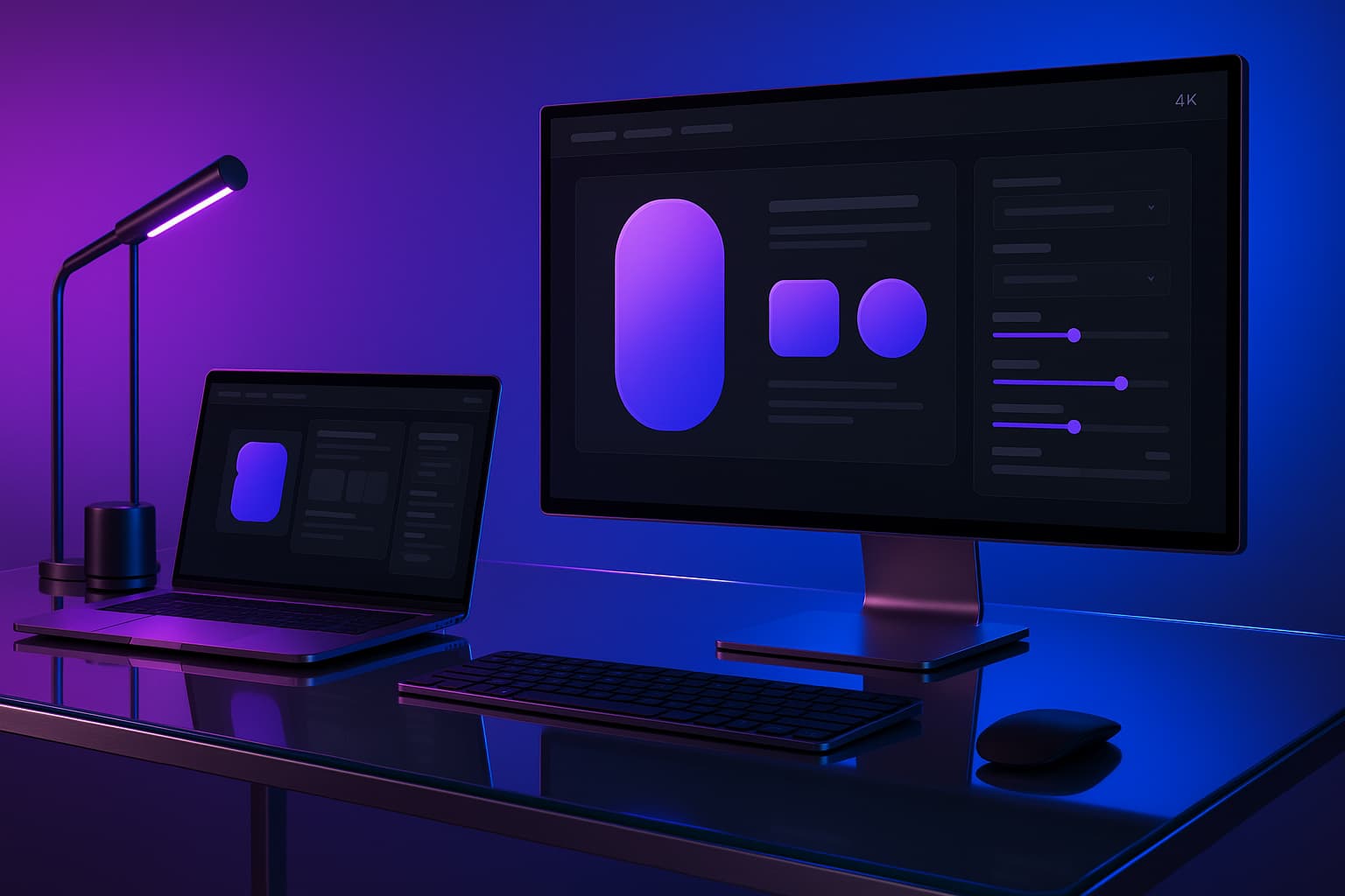 Configurateur de produits personnalisables WooCommerce sur poste high-tech violet et bleu