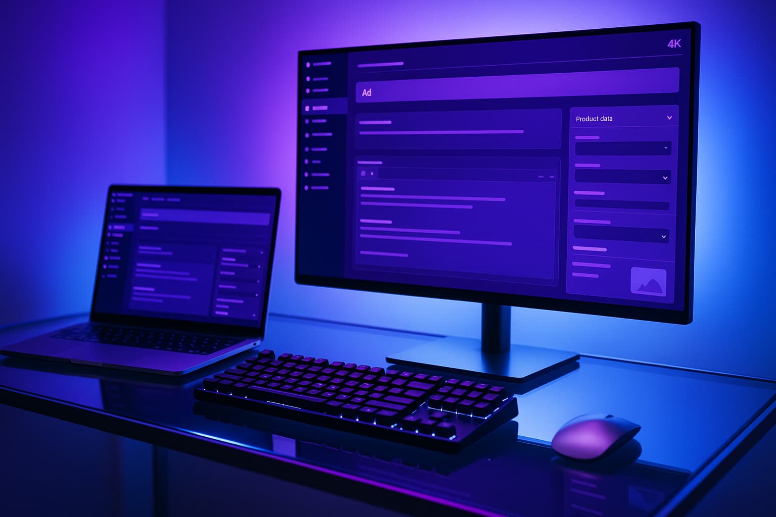 IA WooCommerce pour générer des fiches produits dans WordPress – ambiance high-tech violets et bleus