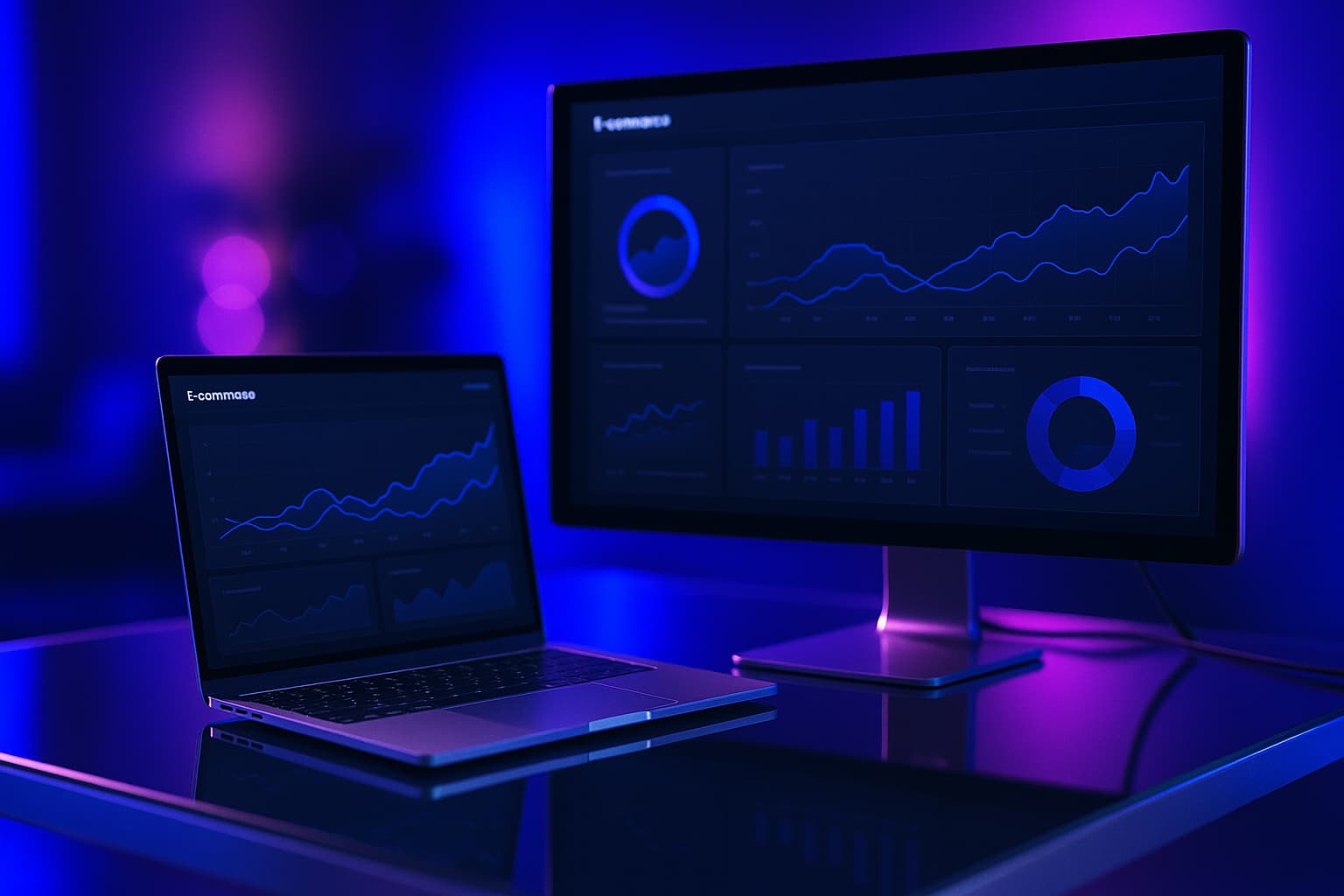 Tableau de bord marketing WooCommerce connecté à Google Ads, Meta et Brevo sur poste premium