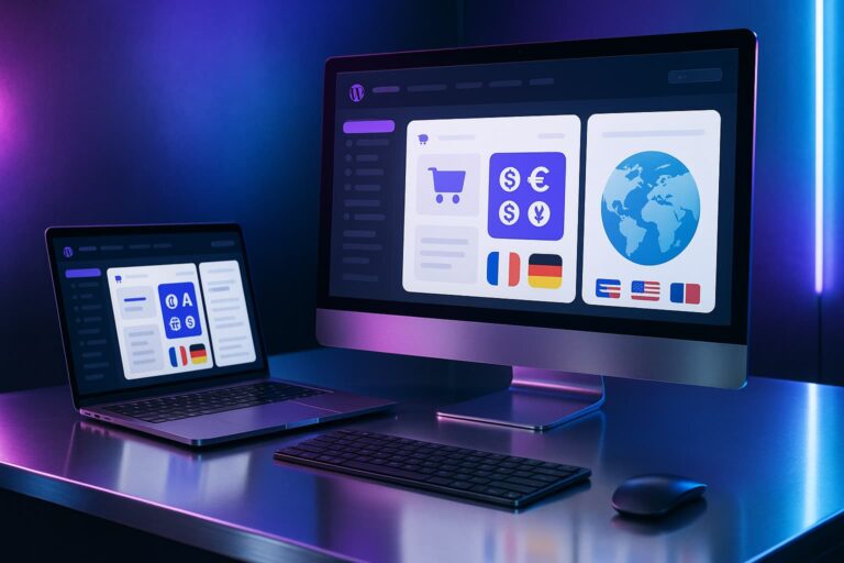 Photographie d’une boutique WooCommerce multilingue avec WPML en environnement high-tech violet et bleu